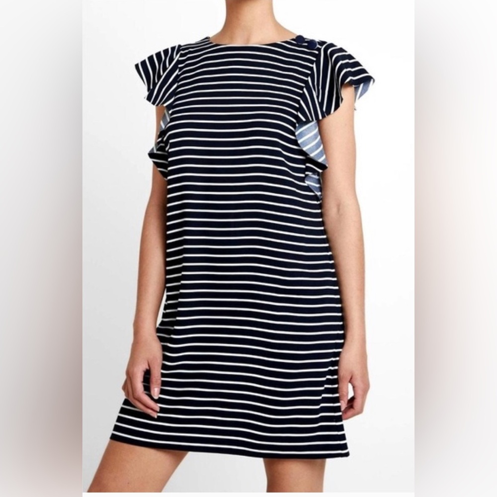 Banana Republic Dress Womens 8 Navy Blue Ruffled Flutter Sleeves Striped Shift